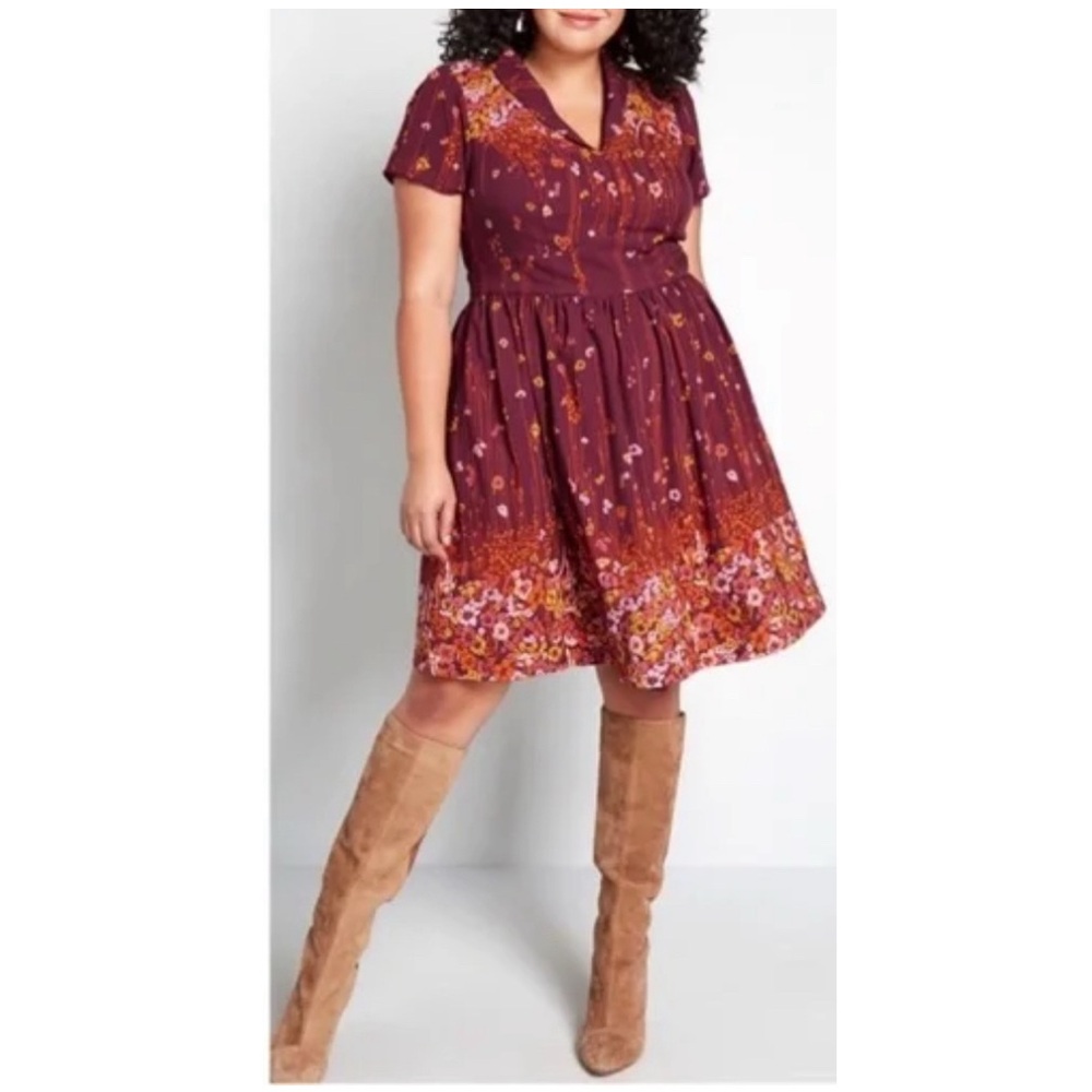 ModCloth Lively Identity‎ Burgundy Floral Short Sleeve Mini Dress Size Large NEW